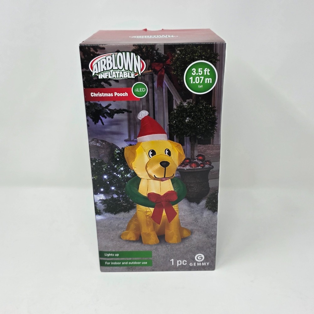 Gemmy Airblown Inflatable Christmas Pooch 3.5ft LED Dog Santa Hat Wreath Decor